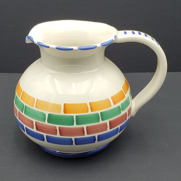 Pier 1 Colorful Blocks Pitcher Blue Red Green Orange Bricks Rectangles on Cream - Picture 3 of 8
